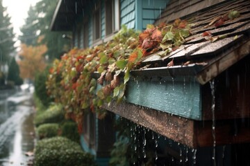 gutter overflowing with rainwater and leaves