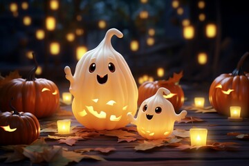 Adorable ghostly pumpkins radiate charm in soft, pastel toned surroundings
