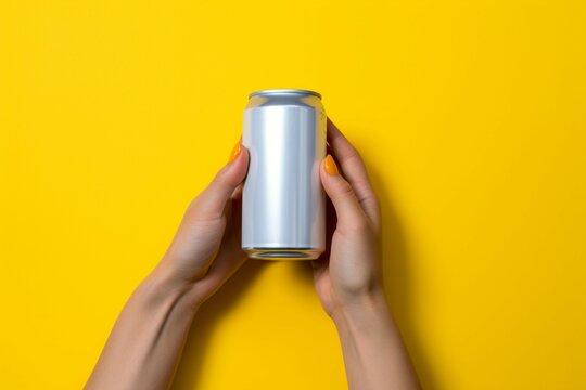 A womans hands grasp empty cans, contrasting with a textured yellow background