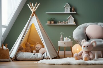 Authentic white baby bedroom, featuring a window and a cozy cradle - obrazy, fototapety, plakaty