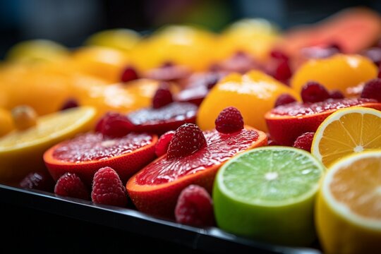 An up close view of a vibrant assortment of freshly sliced fruits at iconic La Boqueria Market in Barcelona