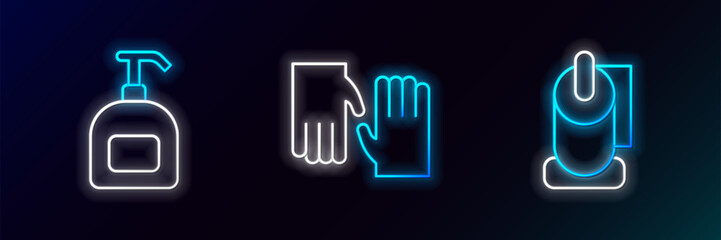 Set line Toilet paper roll, Bottle of liquid soap and Rubber gloves icon. Glowing neon. Vector