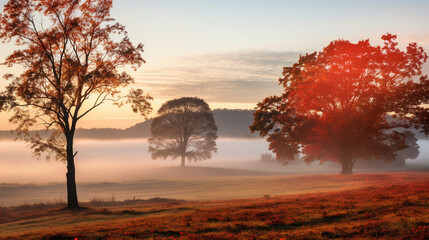 Misty Autumn Panorama with Trees in Fog