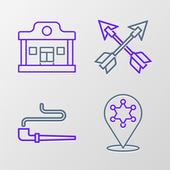 Set line Hexagram sheriff, Smoking pipe, Crossed arrows and Wild west saloon icon. Vector