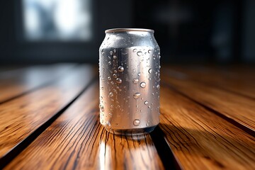 Condensation kissed soda can glistens on a rustic wooden tables surface