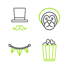 Set line Popcorn in box, Carnival garland with flags, Wild lion and Magician icon. Vector
