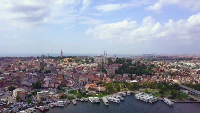 Aerial view of old town at sunset Golden Horn Bosphorus Istanbul Turkey Galata Tower