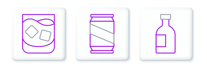 Set line Glass bottle of vodka, whiskey and Beer can icon. Vector