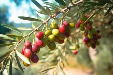Obraz premium close-up of ripe olives on tree branch ready for harvest