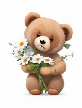 Cute teddy bear holding bouquet of white flowers