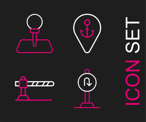 Fototapeta premium Set line Turn back road sign, Parking car barrier, Location with anchor and Push pin icon. Vector