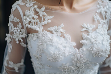 close up of a woman wearing lace wedding dress