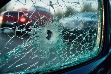 close-up of shattered windshield with scattered glass