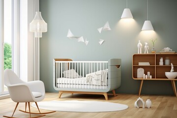 In a Scandinavian kids bedroom, a crib stands out with its modern elegance