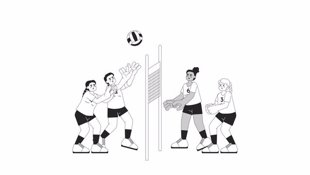 Girls volleyball team bw cartoon animation. Athlete women playing tournament 4K video motion graphic. Volleyball player spiking ball 2D monochrome line animated characters isolated on white background