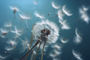 An ethereal image of dandelion seeds floating in the air, highlighting the beauty and grace of nature's delicate creations. AI Generative.