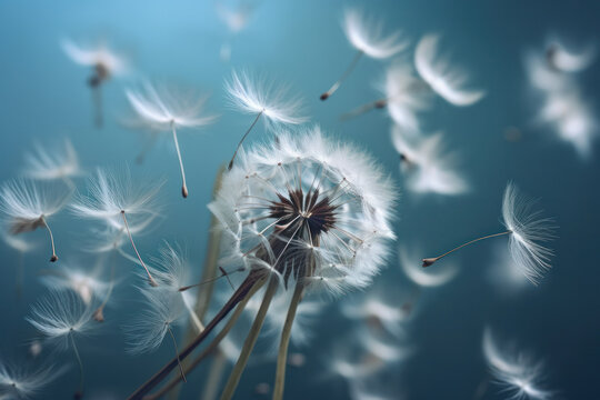 An ethereal image of dandelion seeds floating in the air, highlighting the beauty and grace of nature's delicate creations. AI Generative.