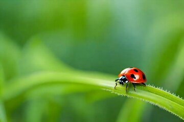 Fototapeta premium lady bug close-up on the green plant, blurred natural scene in the background, natural and realistic, texture, minimalism, abstract art