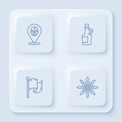 Set line Location pirate, Alcohol drink Rum, Pirate flag and Ship steering wheel. White square button. Vector
