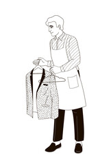 man in dry cleaning uniform with jacket black and white linear illustration