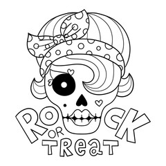 Illustration in black and white of a Catrina with a rocker hairstyle and a polka dot headband with a bow, with the text Rock or treat, Halloween drawing, coloring page
