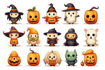 Cute Halloween Characters Clip art isolated on white background Generative AI