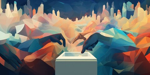 2024 elections, vote 2024 and democracy concept. People casting their votes into the ballot box,  only their ghostlike hands being shown. Cityscape in tones of peach, amber and blue in the background.