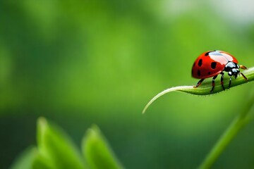 lady bug close-up on the green plant, blurred natural scene in the background, natural and realistic, texture, minimalism, abstract art