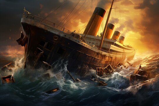 Sinking of Titanic after hitting iceberg in Atlantic Ocean. Generative AI