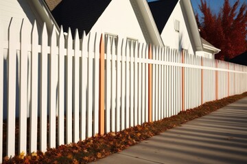 a striped tan line of a picket fence on a white house wall
