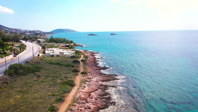 Amazing turquoise water in the Agean coast of Attica Sunio filmed by drone.