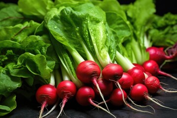 a close-up of vibrant red and green radishes
