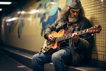 A homeless man in old clothes with a guitar in his hands plays in the subway. AI Generated