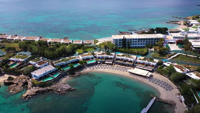 Amazing turquoise water in the Agean coast of Attica Sunio filmed by drone.