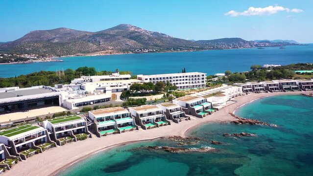 Amazing turquoise water in the Agean coast of Attica Sunio filmed by drone.