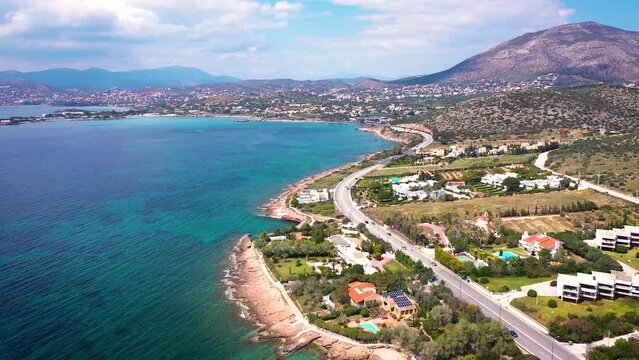 Amazing turquoise water in the Agean coast of Attica Sunio filmed by drone.