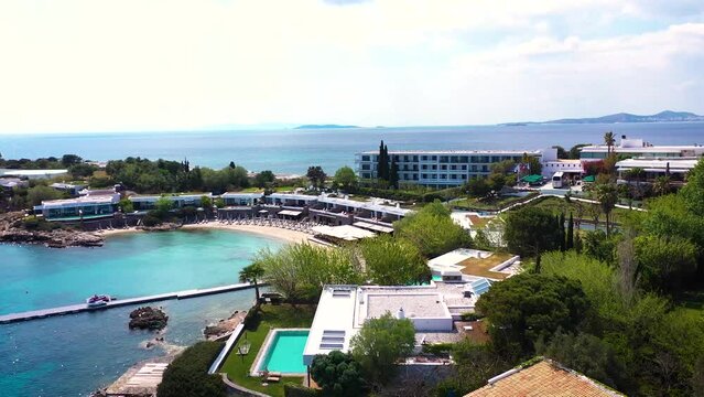 Amazing turquoise water in the Agean coast of Attica Sunio filmed by drone.