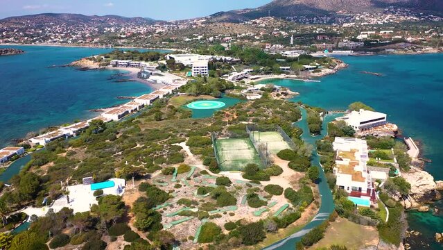 Amazing turquoise water in the Agean coast of Attica Sunio filmed by drone.