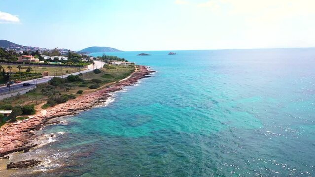 Amazing turquoise water in the Agean coast of Attica Sunio filmed by drone.