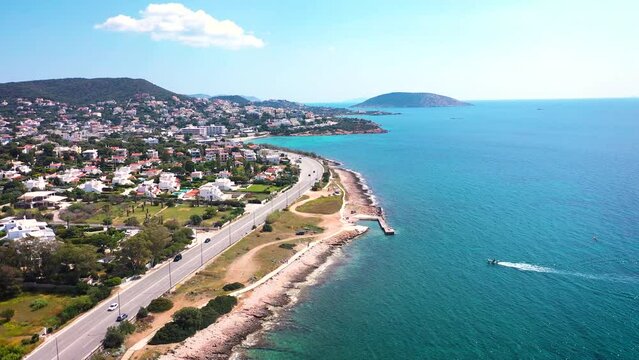 Amazing turquoise water in the Agean coast of Attica Sunio filmed by drone.