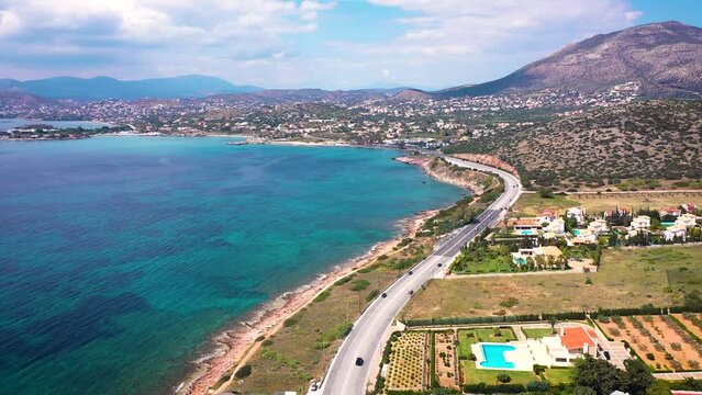 Amazing turquoise water in the Agean coast of Attica Sunio filmed by drone.