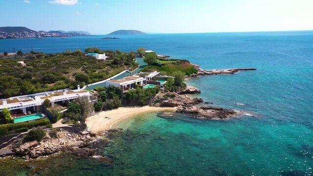 Amazing turquoise water in the Agean coast of Attica Sunio filmed by drone.
