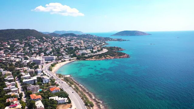 Amazing turquoise water in the Agean coast of Attica Sunio filmed by drone.