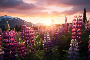 Close-up View of a bright, blooming lupine flower in Nature - obrazy, fototapety, plakaty