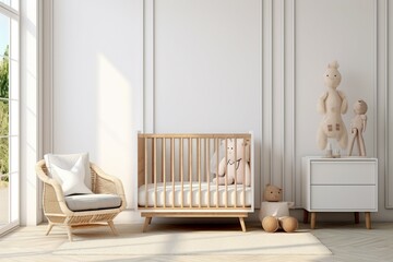 Simple white crib graces a minimalistic nursery, creating a calming atmosphere