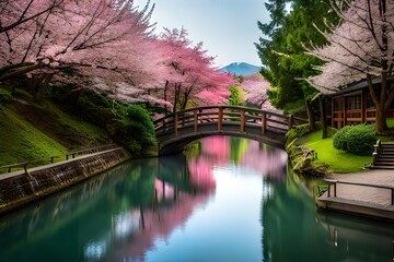 Japanese Cherry Blossom Bridge over Canal