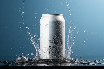 Soda can mockup displays water condensation and a refreshing splash effect - obrazy, fototapety, plakaty