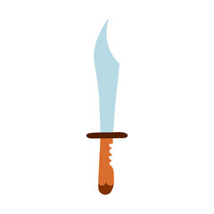 Funny hand drawn combat knife with wood handle of the Wild west. Vector stained machete for exploring jungle, hunting, protection. Simple doodle of military knife, warrior dagger, hunter knife blade.