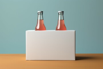 Two distinct nonalcoholic beverage bottles accompanied by a white paper box, isolated on a Toscha background 