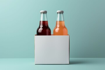 Two diverse nonalcoholic drink bottles with a white paper box on a Toscha background